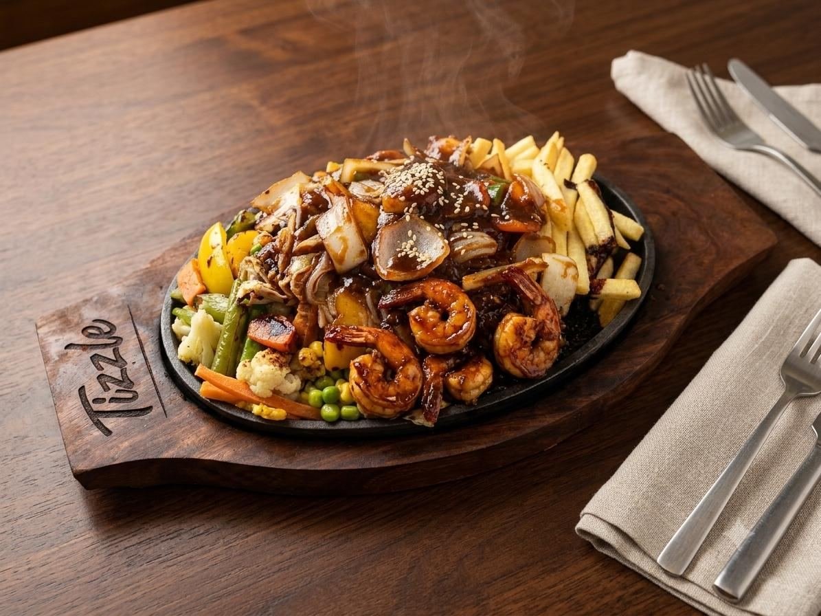 Prawns sizzler on Tizzle wooden board